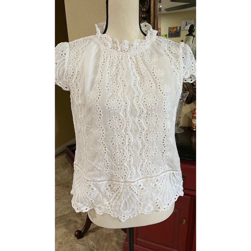 Adiva women's white eyelet‎ short sleeve blouse top size small